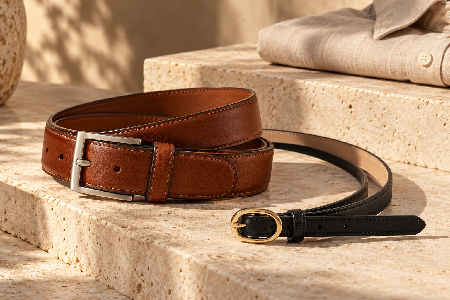Cognac and black unbranded belt design concepts with simple metal buckles